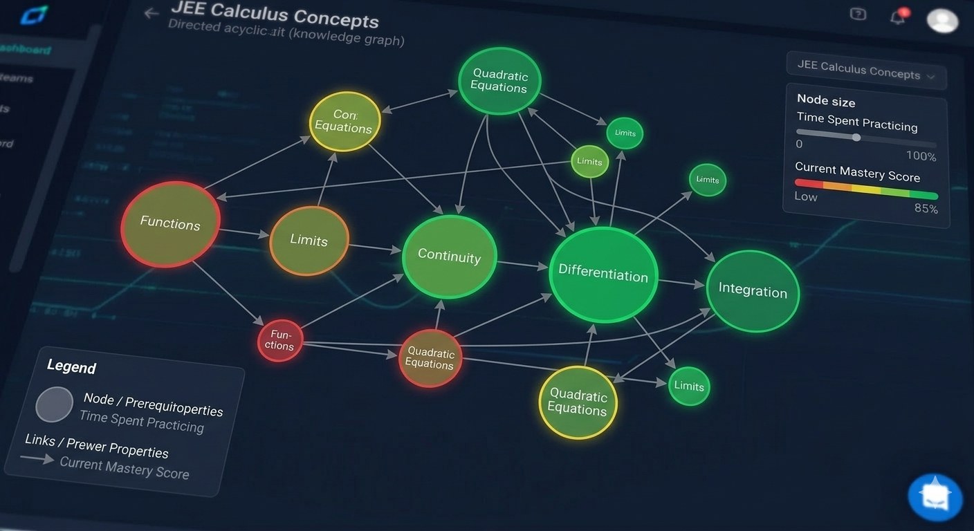 The Rhovecs concept dependency graph for JEE Calculus, showing Functions, Limits, Continuity, Differentiation, and Integration as connected nodes coloured by current mastery score, with prerequisite arrows linking them.