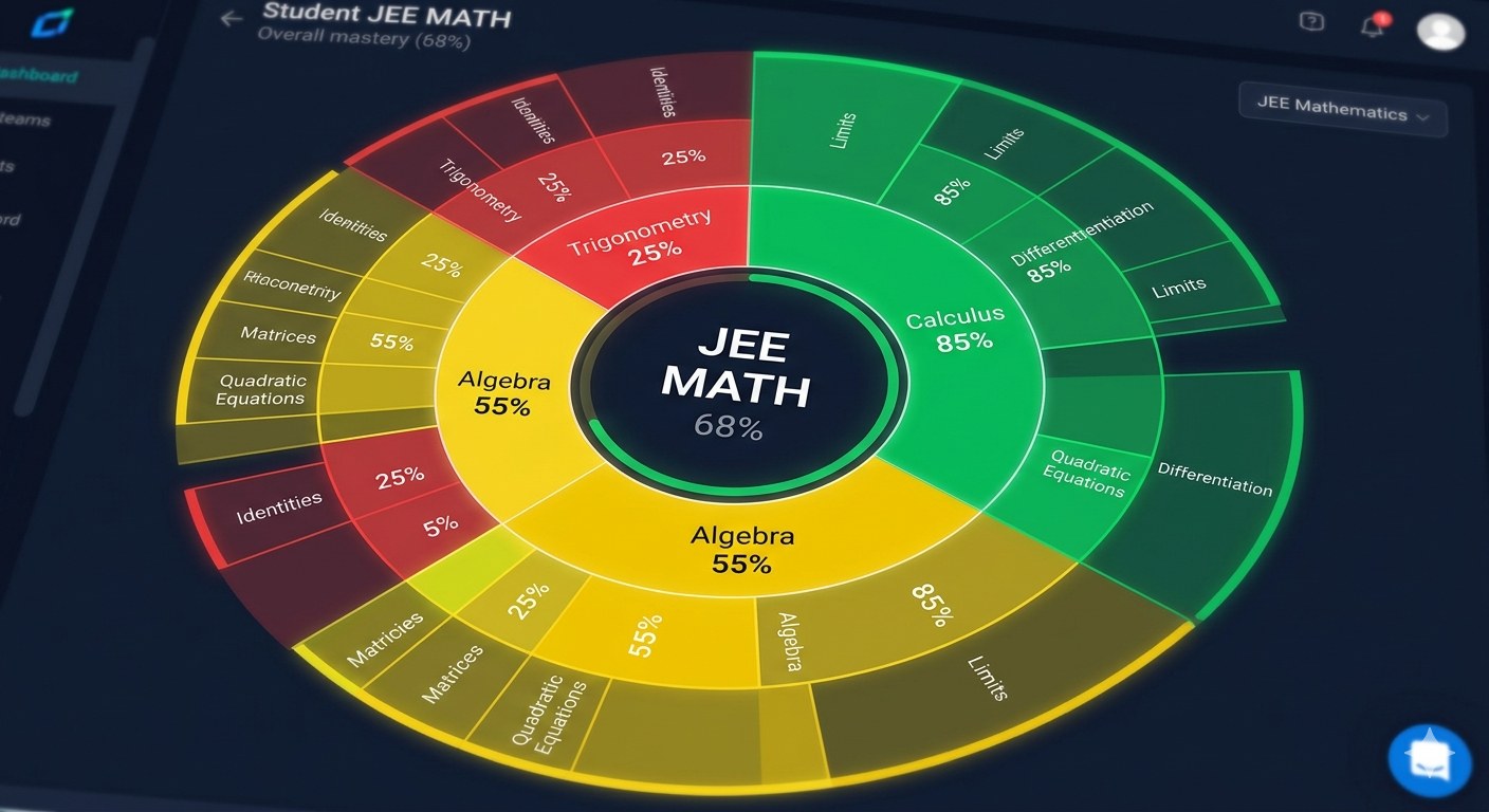 A sunburst chart showing overall JEE Math mastery at 68 percent, with concentric segments for Calculus, Algebra, and Trigonometry and nested chapter-level percentages.