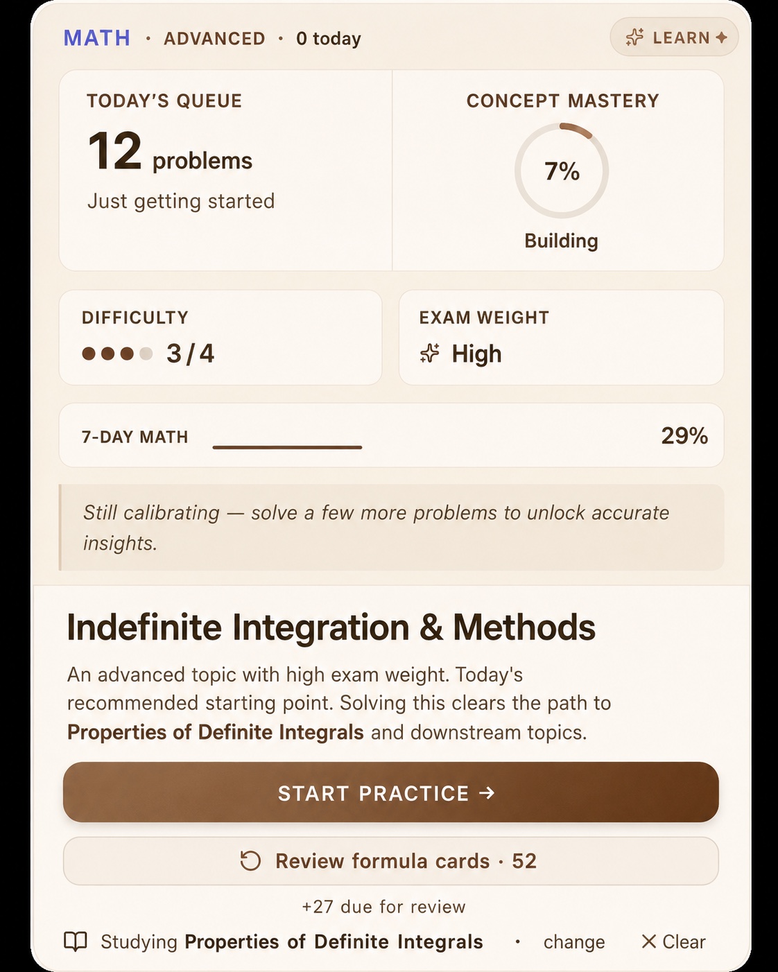 Rhovecs JEE Today's Focus screen recommending Indefinite Integration & Methods — an advanced topic with high exam weight and concept mastery at 7% and building — noting that solving it clears the path to Properties of Definite Integrals and downstream topics.
